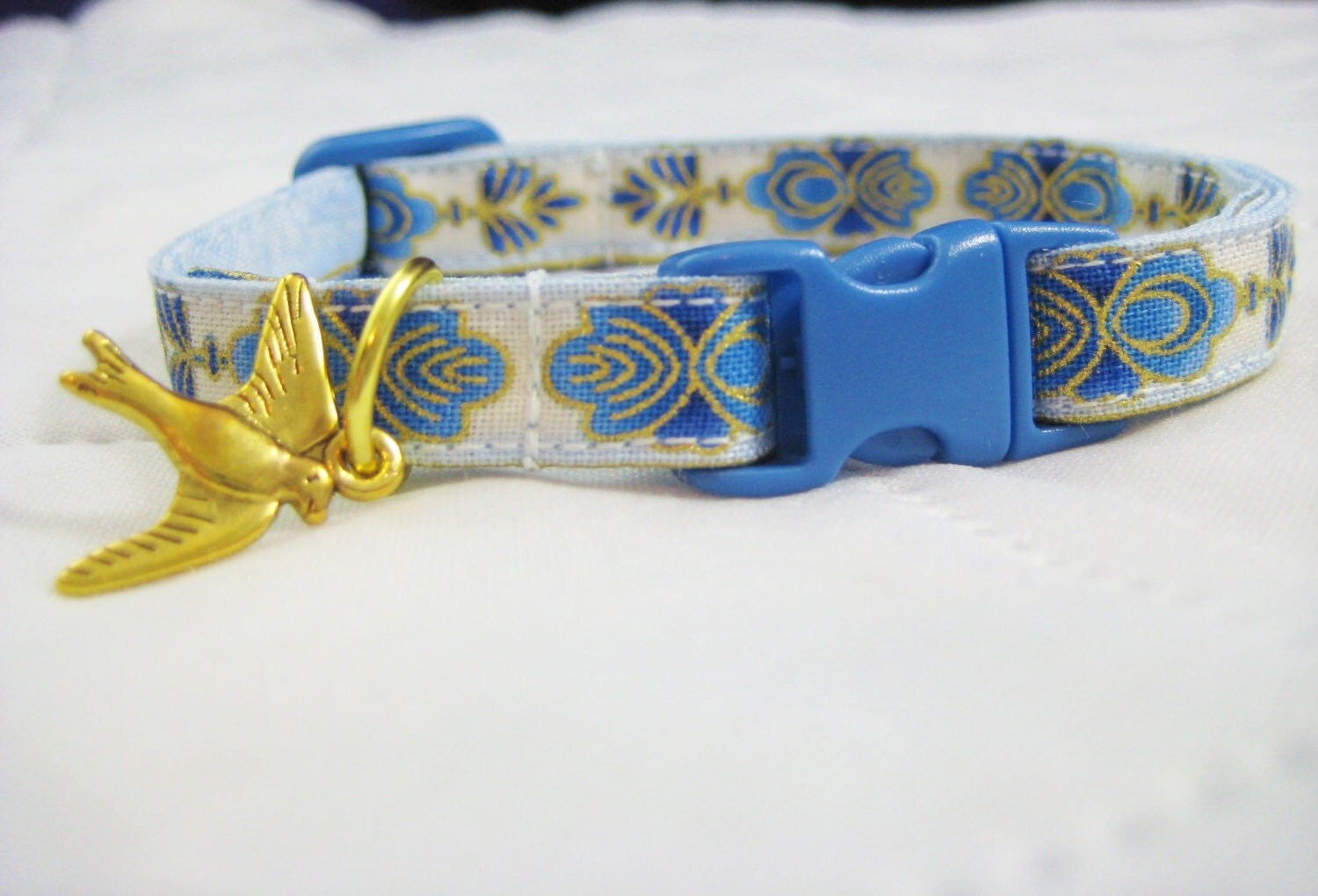 Cat Collar Bastet Egyptian Fan Blue with Gold by FurociousKitty
