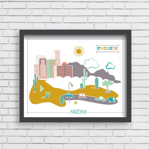 Phoenix Skyline Scottsdale Arizona Wall Art Decor Cactus