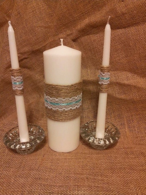 Twine/Jute and Lace Complete Unity Candle Set by GRITSCreations