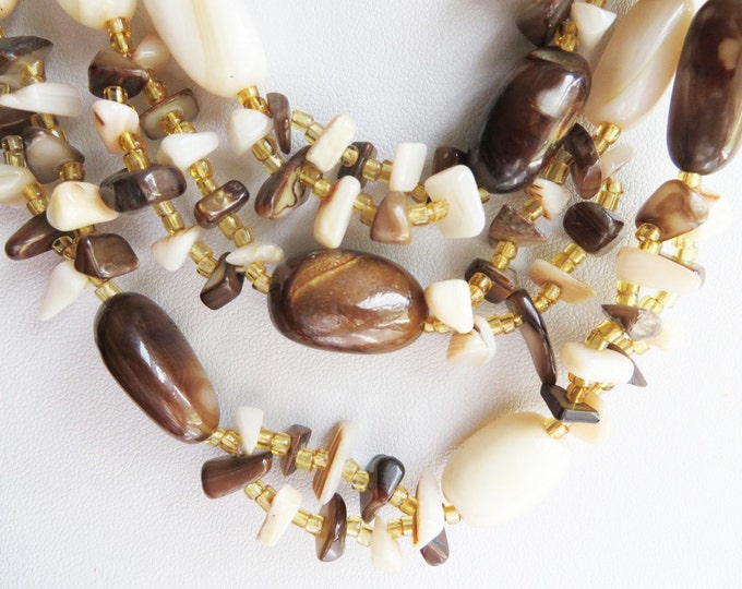 Necklace, Brown Bead Necklace, Vintage Brown Quartz Triple Strand Japan Stone Necklace, Gift for Her