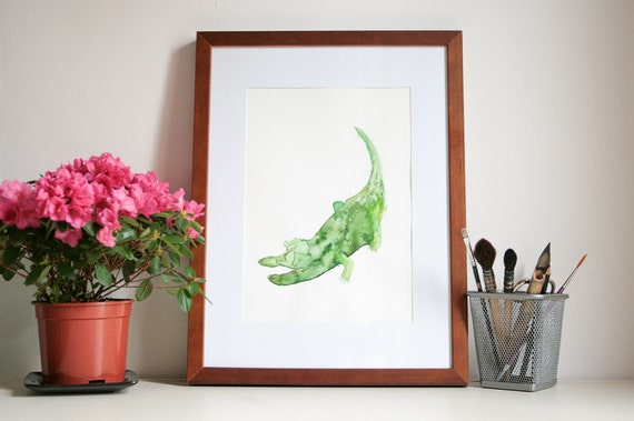 Crocodile original watercolor painting,  reptile illustration, of size 9,40 x 12,60 inches, green.