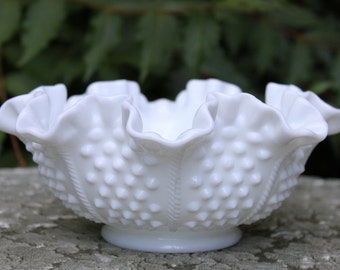 Bowl. Fenton Milk Glass Hobnail Design Bowl. Ruffled Scalloped Rim. Vintage Fenton Bowl with Hobnail Pattern.