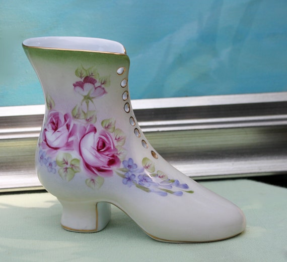 Porcelain Boot Vase. Hand Painted Vase in Shape of Shoe.