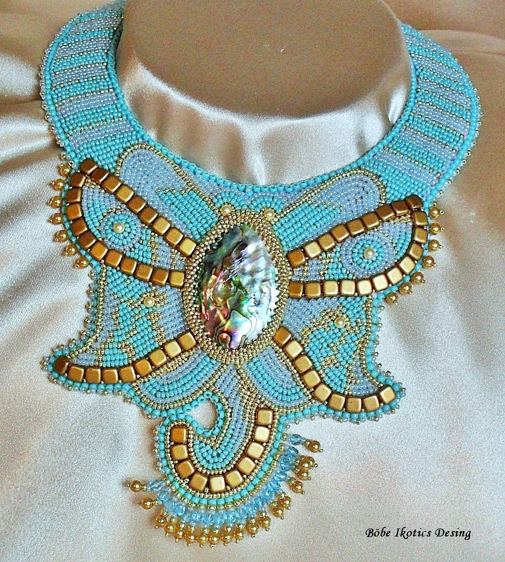 Bead Embroidery Necklace Collar Necklace BlueGold by BobeIkotics
