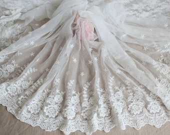 Romantic Wedding Lace Trim, Off White Floral Lace Fabric, Bridal Veils Lace, 16.53 Inches Wide Lace Trim
