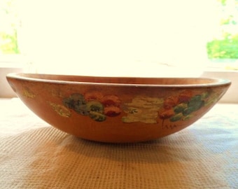 WOODCROFTERY Wood Dough Bowl- Hand Painted Grapes- Tole Painted- Old Country Wood Bowl- Farm Fresh Vintage Kitchen Dough Bowl