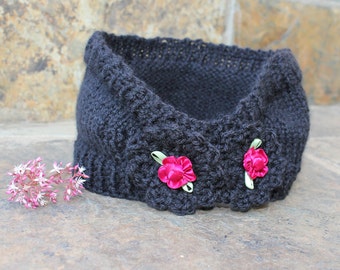 Ladies head band , Black ear warmer , Knit head wrap , Knit head-band , Hair accessory , Winter headband , Turban headband
