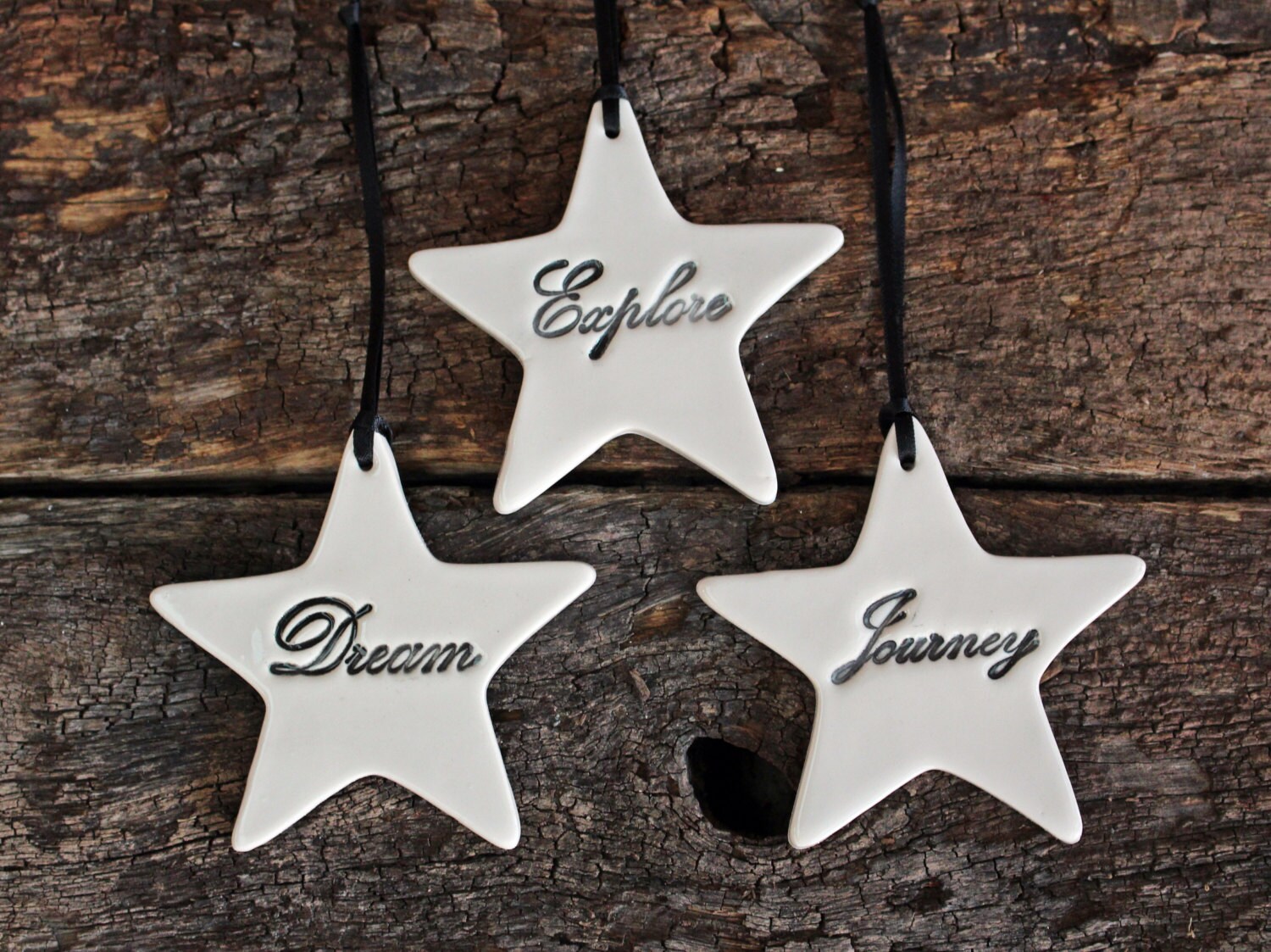 Handmade Christmas Decorations - Set of Three, Dream, Explore, Journey