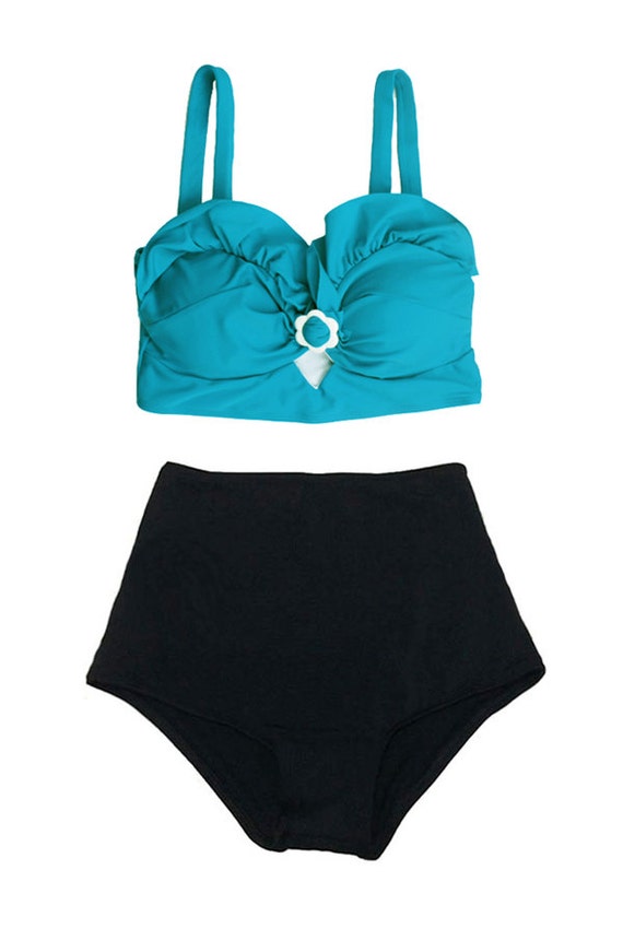 Turquoise Top and Black High Waisted Waist Shorts Swimsuit
