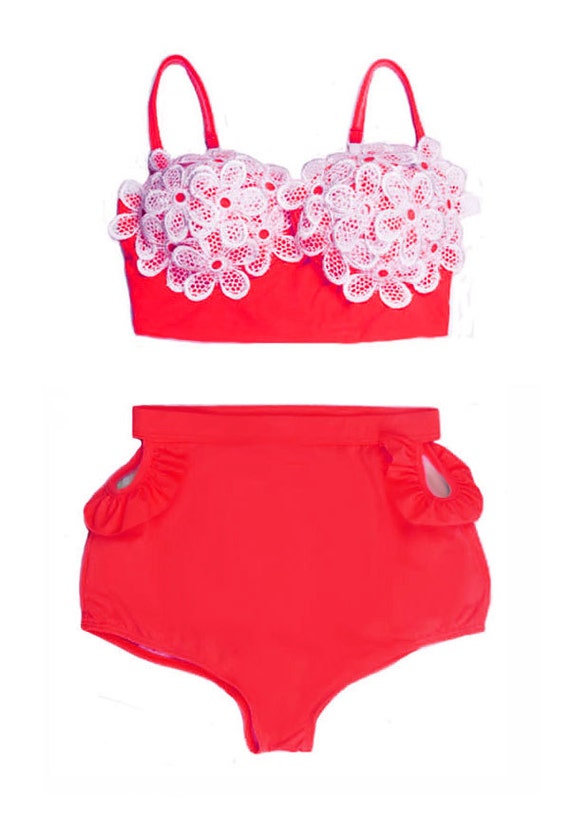 Swimwear Swimsuit Bathing suit Red Lace Daisy Top and Cut