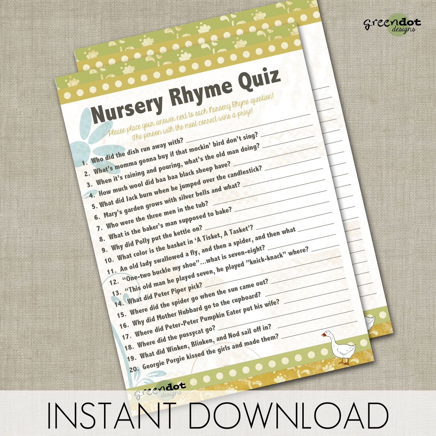 INSTANT DOWNLOAD nursery rhyme quiz baby shower by ...