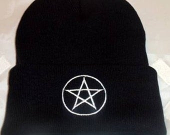 Wicca Beanie Hat White Pentagram Embroidery