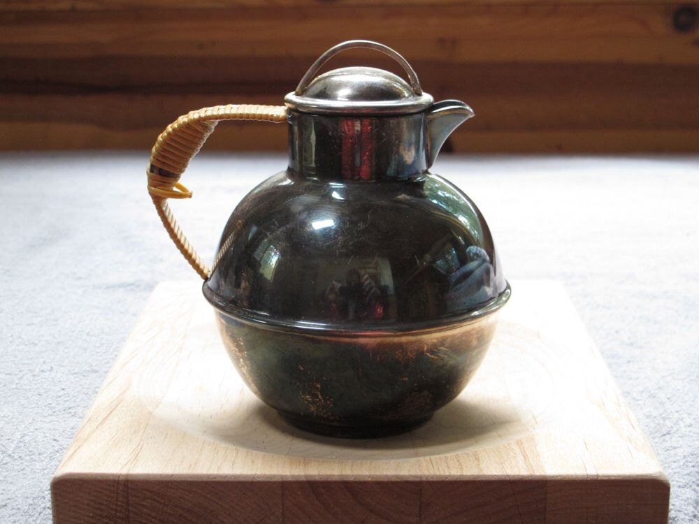 Sweet Silver Vintage Teapot with Wicker Handle / Silver Plate Teapot