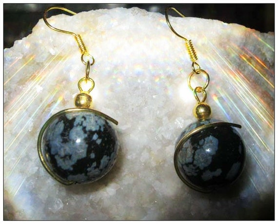 Beautiful Gold Hook Earrings with Snow Obsidian by IreneDesign2011