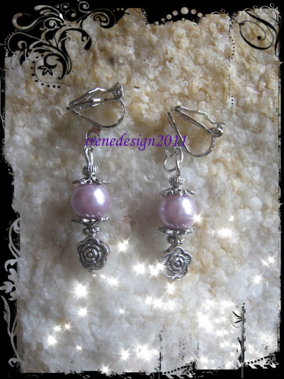 Beautiful Silver Clip-On Earrings with Light Purple Pearl & Rose