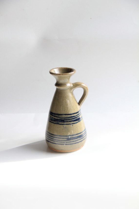 Vintage Handmade Ceramic Simple Blue Striped Pitcher Vase