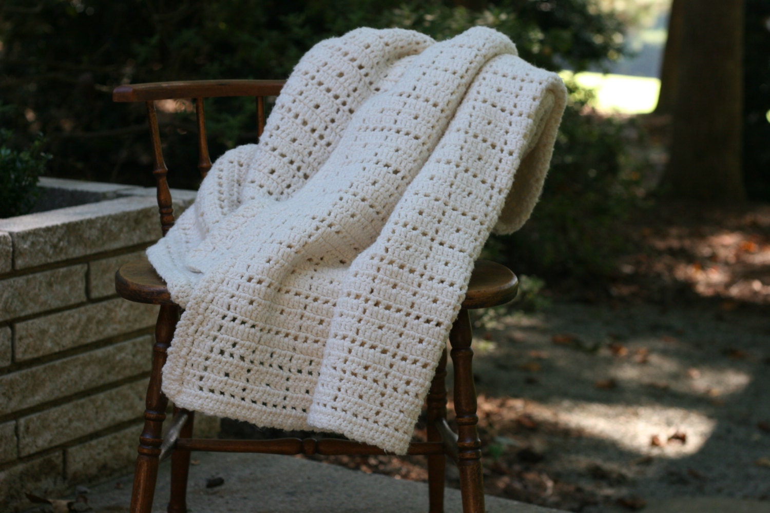 Vintage Crocheted Ecru Afghan / Neutra Afghan / Ivory Handmade