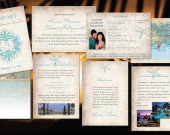 Passport Wedding Invitations // Paradise Destination Wedding // Fiji Bali Mexico Cabo Dominican // Teal Starfish// Rustic Natural Paper