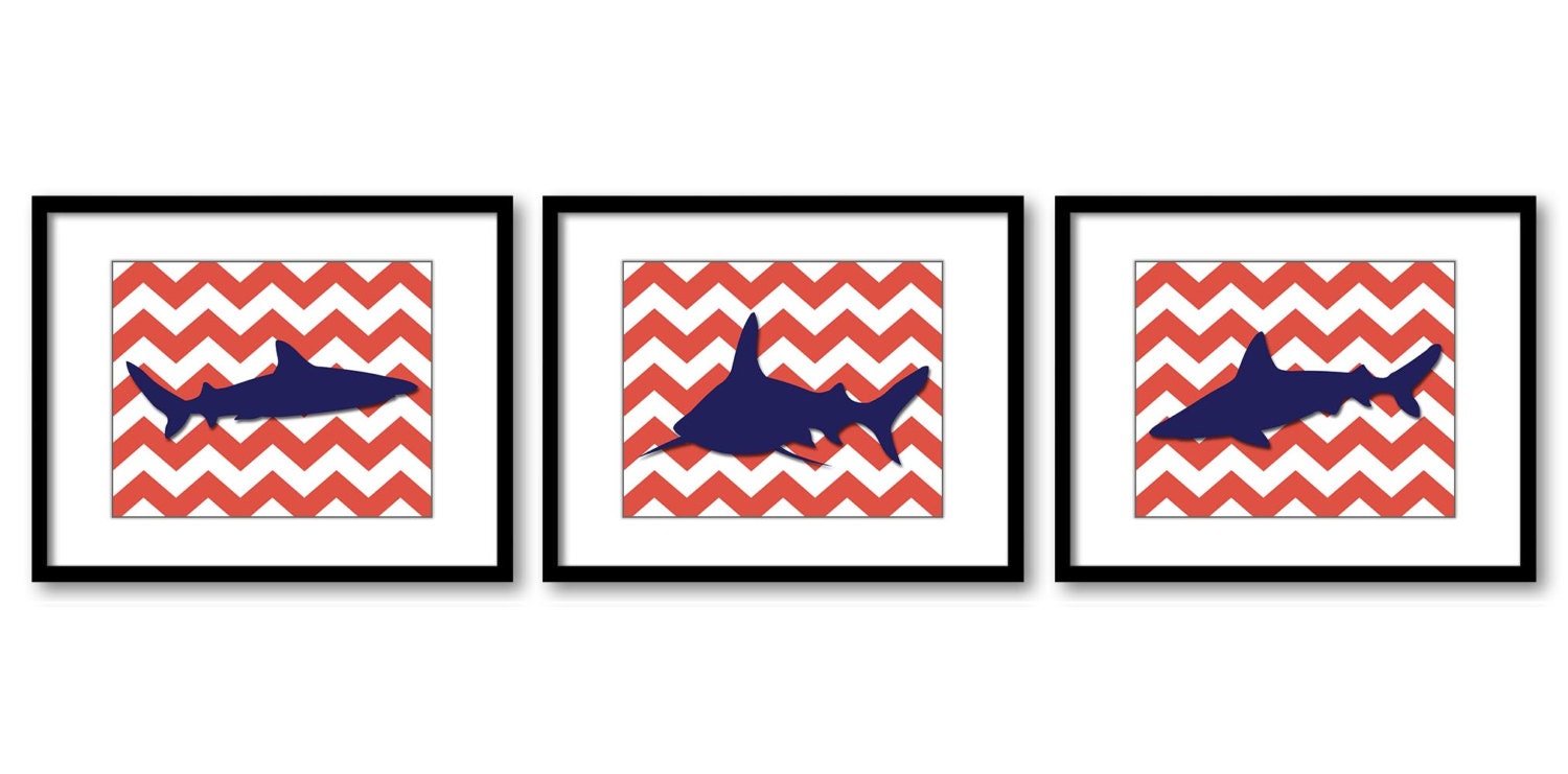 Shark Animals Art Prints Dark Red Chevron Set of 3 Blue Sharks Boys Art Nursery Art Nursery Print Ch