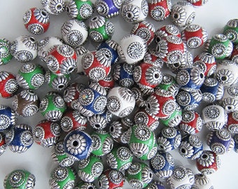 Indonesia Beads, Handmade, Choice of Color with Rhinestones & Silver Metal Embellishments - 14mm x 15mm