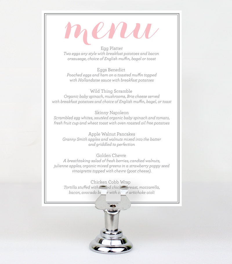 Custom Printable Bridal Shower menu OnePaperHeart Stationary