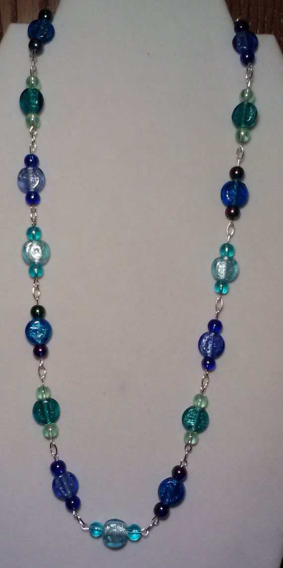 Handmade Beaded Necklace with Mixed Blue Silver Foil Lentils