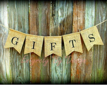 GIFTS - Burlap Banner Wedding Birthday Anniversary Shower Reception Party Decoration - Gift Table Sign