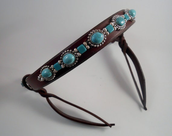 Brown leather Western browband with turquoise and silver beads