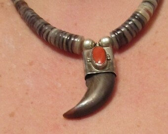 Gray Brown Black Heishi Beads with Claw and Coral approx. 10 1/2" long