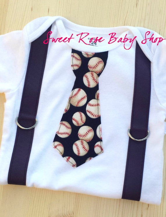 Baseball Tie Suspender Onesie sports tie bodysuit birthday