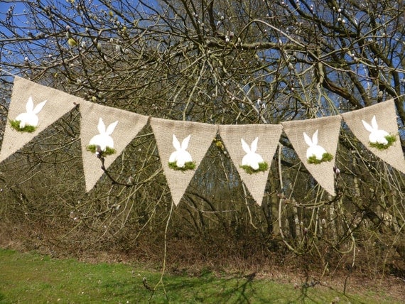 Easter burlap banner garland with easter bunny and flower teil and moss