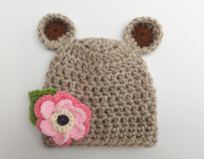 Baby Girl Crochet Hat with Ears and Flower Newborn to 3