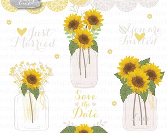 Sun flowers clipart, Wedding mason jar clipart, flower clipart, bridal clipart, yellow flower, summer, flower cliparts, rustic wedding