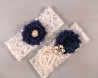 Navy Blue Lace Garter Set, Lace Wedding Garter, Lace Bridal Garter, Navy Blue Garter, Something Blue Garter