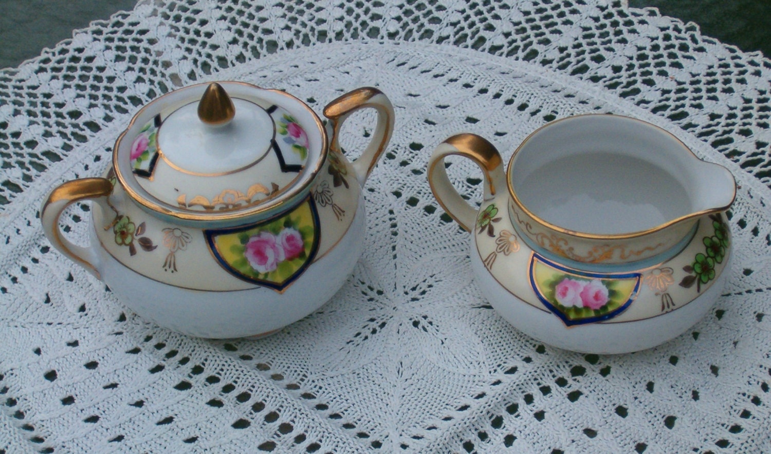 Vintage Nippon Sugar and Creamer Set Circa 1920-1930 Green M