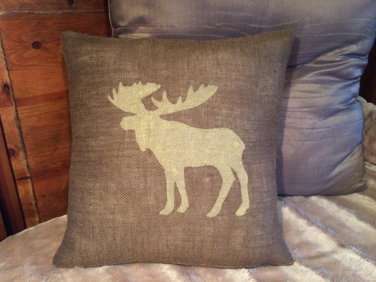 Custom made rustic country burlap moose pillow cover/sham