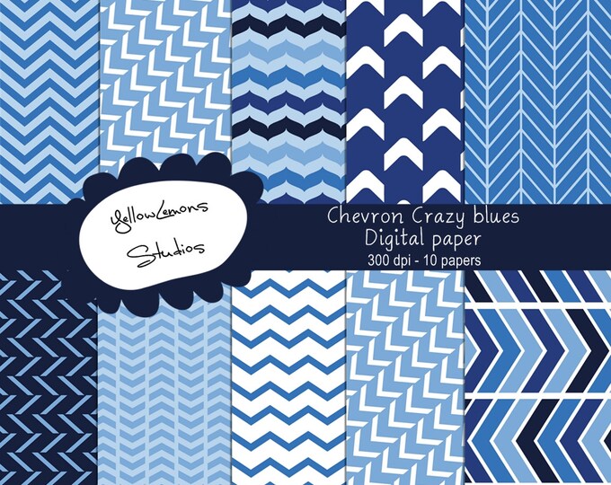 INSTANT DOWNLOAD- Blue tone on tone color matching papers patternschevrons scrapbooking background