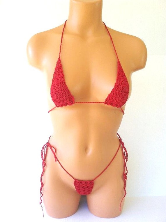 Solid Red Crochet Micro GString Bikini Hot Sexy by TinyPansy