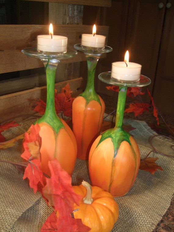 Items similar to Pumpkin Wine Glass Candle Holders on Etsy