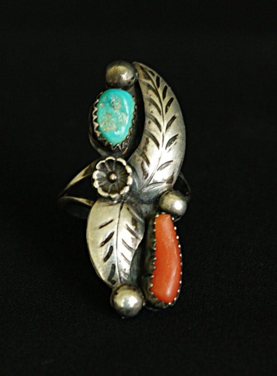 Tommy Moore Signed Sterling Silver Turquoise and Coral Navajo