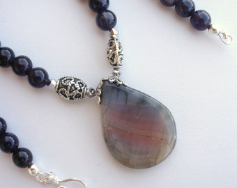 Amethyst Necklace, Choker, Dragon Vein Agate Pendant, Sterling Clasp ...