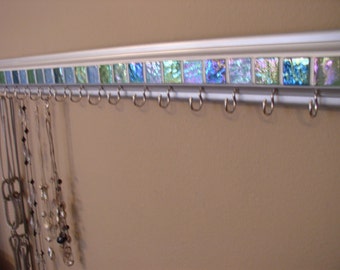 Jewelry organizer wall storage rack. silver finish 30 " in colors of sea glass mosaic tile with 20 hooks.great gift or closet organization