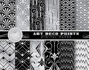 ART DECO Digital Paper: SILVER Art Deco Pattern Prints, Instant Download, Retro Movie Patterns Cinema Backgrounds Print