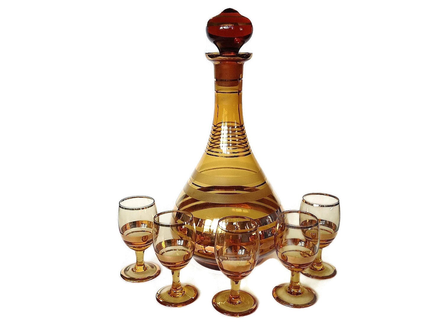 SALE Mid Century Decanter Set Gold and Amber Bohemian
