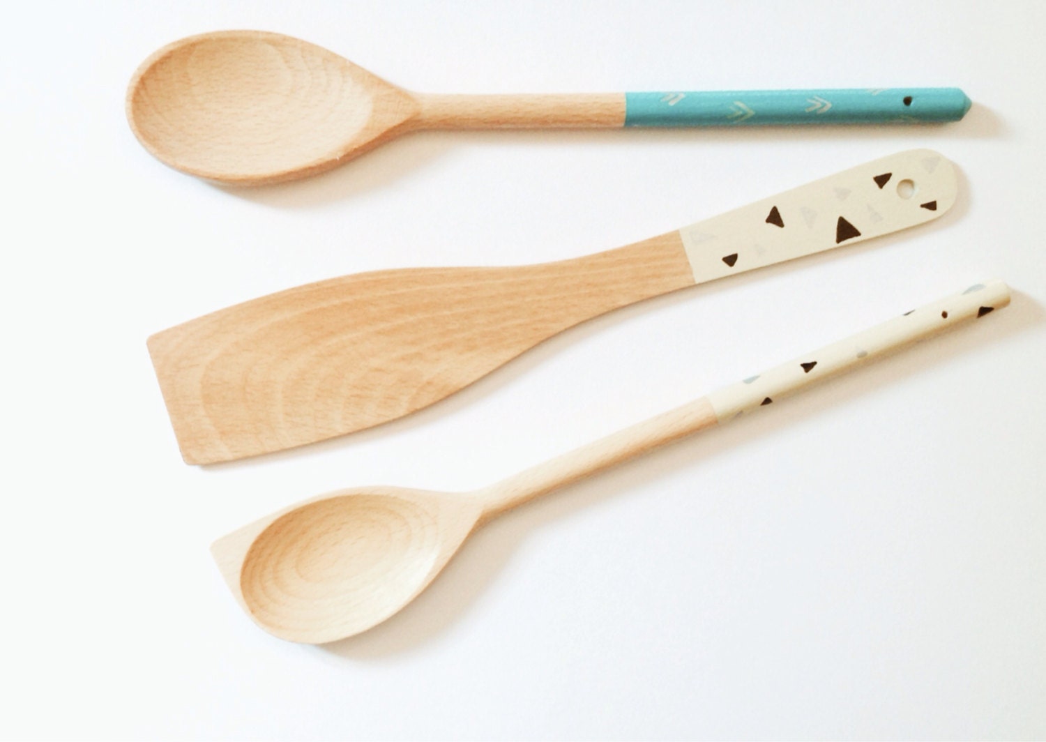 Painted Wooden Utensil Set in Cream Black Turquoise by HollyHorton