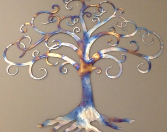 Tree of Life industrial metal wall art heat tinted 36"W
