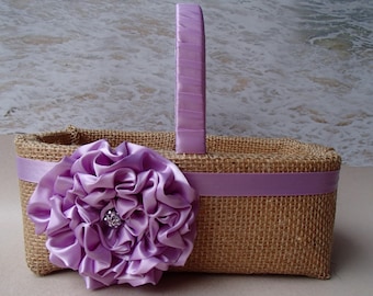 Burlap Flower Girl Basket - Purple Lavendar Lilac Plum Wedding - Rhinestone Diamond Crystal - Flowergirl Ringbearer - Purple Lavendar Rustic
