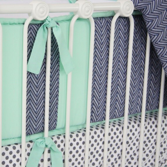 Mint and Navy Chevron Crib Bumpers