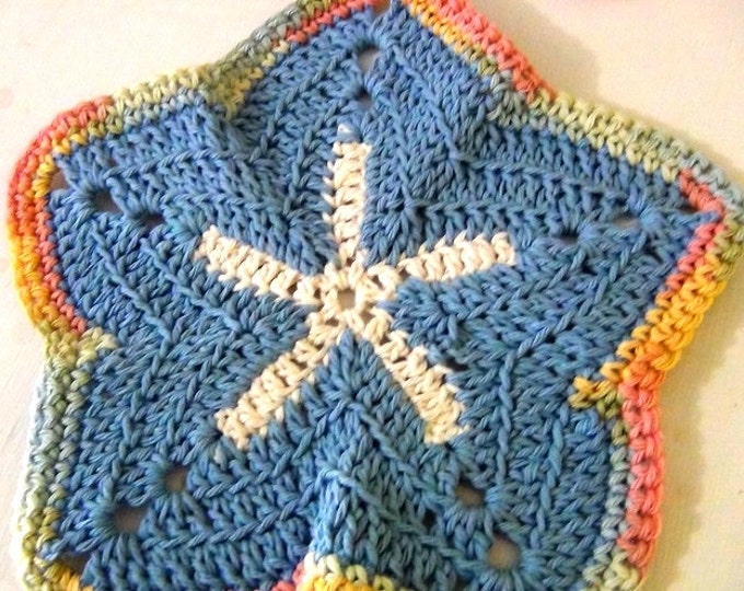 Crochet Starfish Washcloths - Blue Dishcloths - Set of 2 Handmade in pure cotton - Made in Maine