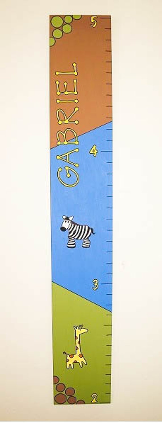 Personalized Hand Painted Blue Brown and Green Animal Themed Wooden Growth Chart with Zebra and Giraffe